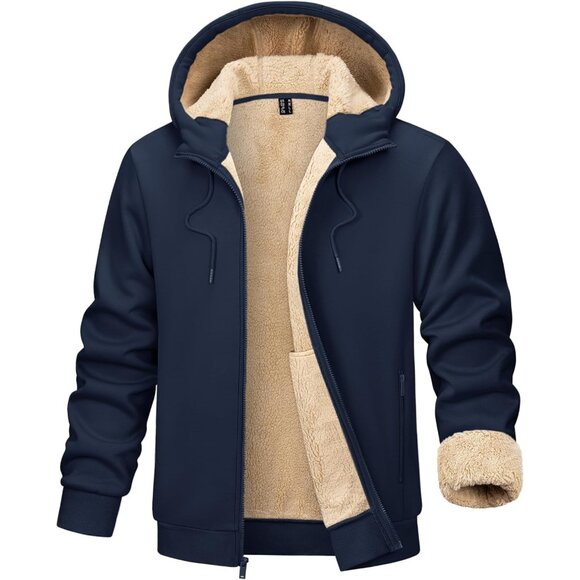 Mens Winter Hoodie Full Zip Fleece Sherpa Lined Warm Navy Casual Sweatshirt - Picture 1 of 6